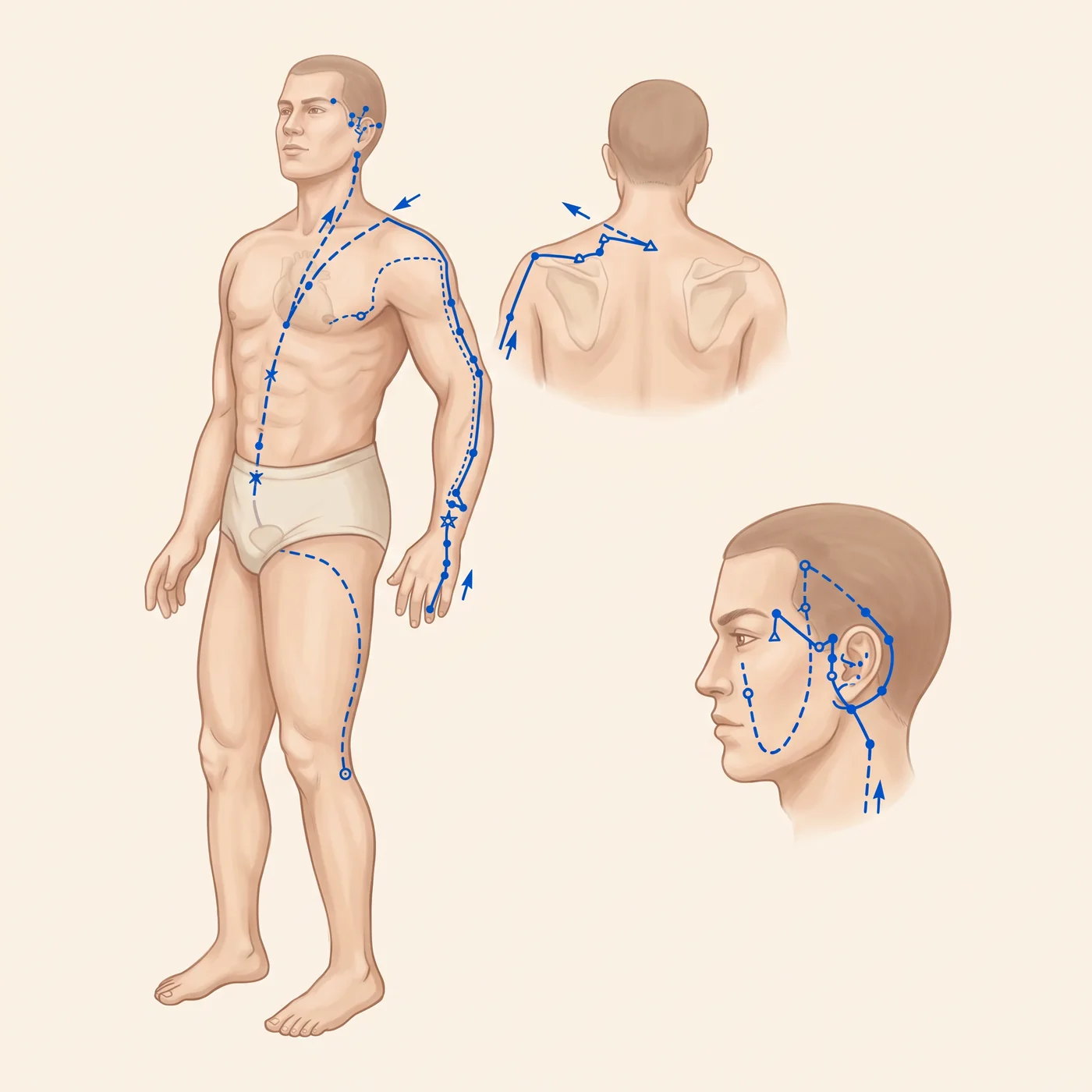Meridián tří zářičů – průběh dráhy na těle